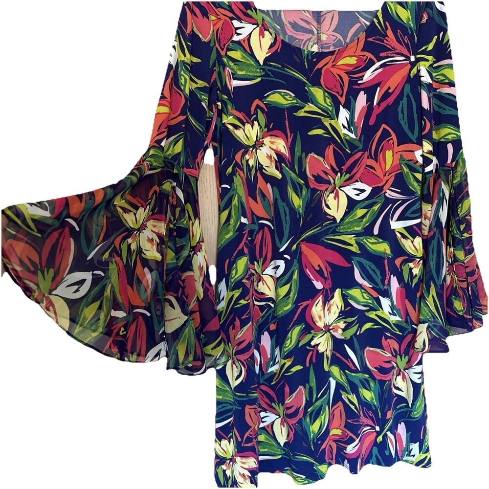 Westport Boho Chiffon Bell Sleeve Shift Dress Bright Floral Print Sz M